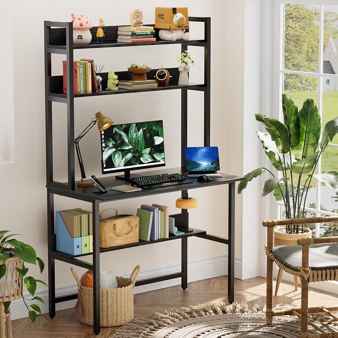 Aquzee Computer Desk with Hutch, 40“W x 19.6" D Desk with Shelves, Tall Home Office Desk with Bookshelf, Metal Legs Study Table with Upper Storage Shelf for Study Writing/Workstation, Black