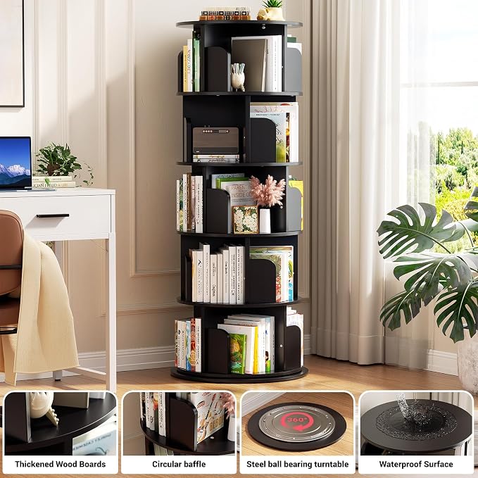 Aheaplus Rotating Bookshelf, 360 Display Wood Spinning Bookshelf Tower, 5 Tier Floor Standing Bookcase Storage Rack, Revolving Bookcase Corner Bookshelf for Small Space, Bedroom, Study Room, Black