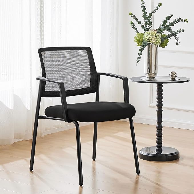 Mesh Back Stacking Arm Chairs, Office Reception Guest Chair with Upholstered Fabric Seat and Ergonomic Lumber Support, Sturdy Metal Office Chairs, Black-4pack