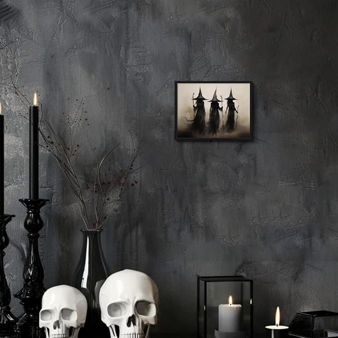 Framed Vintage Witch Canvas Wall Art - Halloween Witchy Wall Decor - Gothic Decor Aesthetics, Creepy Three Witches Rustic Macabre Dark Artwork Prints for Living Room Bedroom 8x10 inch