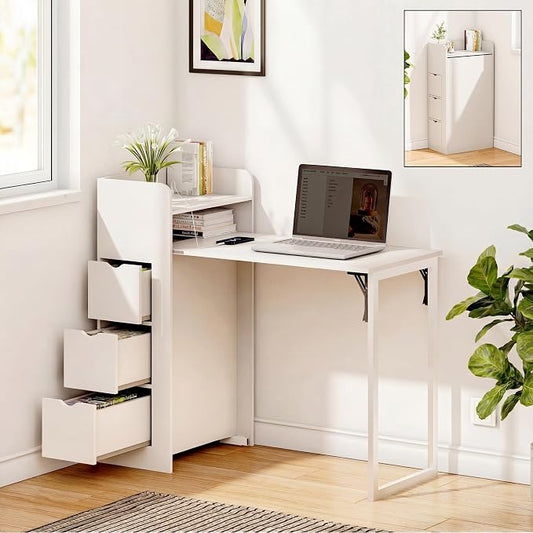 LAUSAINT HOME Wall Mounted Foldable Desk, Space Saving Hidden Desk with Storage & Power Outlet, Fold Out Table for Small Spaces, Home Office Bedroom, White