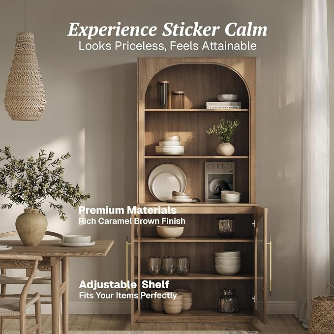 BELLEZE Pantry Storage Cabinet with Hutch, Modular Cabinet with Adjustable Shelves for Organizing, Visible Storage with Glass Door, Wood Highboard for Living Room, Kitchen and Home Office - Camel