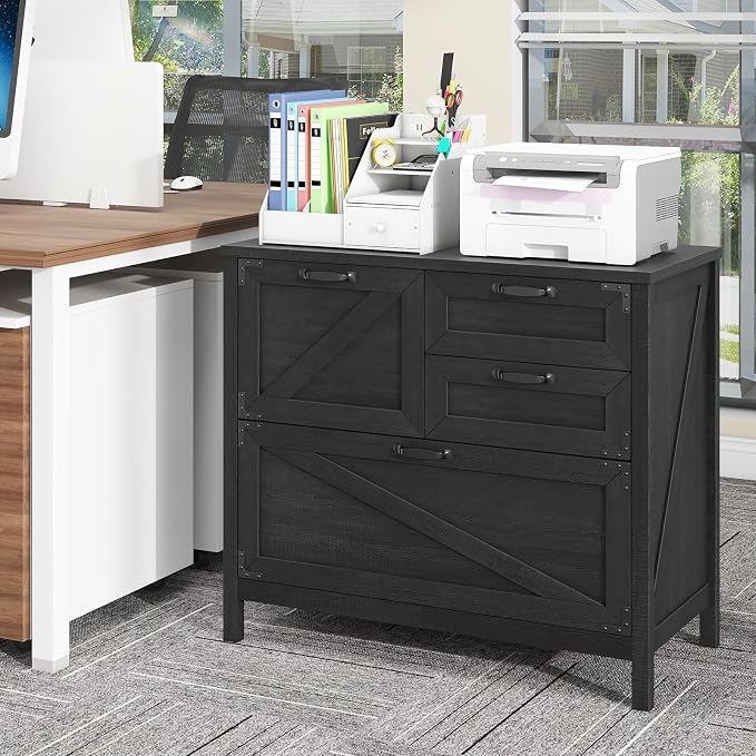 Halitaa Lateral File Cabinet with 4 Drawers, Farmhouse File Cabinet for Letter/Legal/A4 Size Hanging Files, Large Wood File Storage Cabinets Printer Stand for Home Office Cabinets, Black