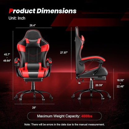 Gaming Chair with Footrest, Ergonomic Video Game Chair with Headrest and Lumbar Support, 400 lbs Adult Chair, Height Adjustable 360° Swivel High Back Reclining Computer Chair for Home Office (Red)