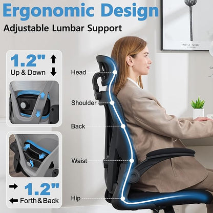 Office Chair, Ergonomic Office Chair with Headrest, Comfy Home Office Desk Chairs with Lumbar Support & Flip-up Armrests, 330LBS High Back Mesh Computer Desk Chair for Home Office, Black