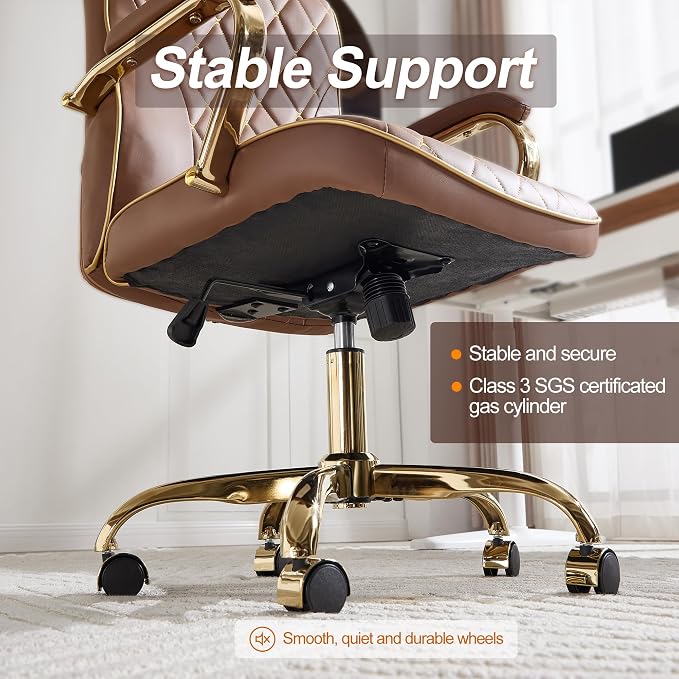 Brown and Gold Office Desk Chair,Conference Room Chairs,Mid Back Vintage Executive Leather Chair,Ergonomic Computer Swivel Chair with Rocking Function and Padded Arms,Adjustable Height