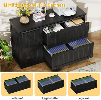 Halitaa 47.8” Farmhouse Lateral File Cabinet with Sliding Barn Door, 3 Drawers Filing Storage Cabinets with Adjustable Shelf, Office Printer Stand for Hanging Files Letter/Legal/A4/F4.Pure Black