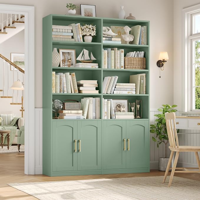 FACBOTALL Bookshelf and Bookcase with Doors, 6 Tier Double Wide Large Bookshelves, Open Display Shelves, 73'' Tall Bookshelf with Storage Cabinets for Home Office, Living Room, Library, Green