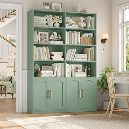 FACBOTALL Bookshelf and Bookcase with Doors, 6 Tier Double Wide Large Bookshelves, Open Display Shelves, 73'' Tall Bookshelf with Storage Cabinets for Home Office, Living Room, Library, Green