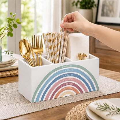 Boho Rainbow Classroom Pen Holder for Desk, I Am Kind Motivational Quotes Wooden Box Sign Desk Decor for Classroom Kids Room Home Office Decoration, Inspirational Pencil Organizer