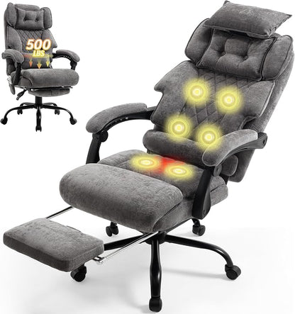 Massage Office Chair with Foot Rest,6 Points Vibration & Heat Executive Office Chairs,Big and Tall Fabric Office Chair 500LBS,Ergonomic Desk Chair for Heavy People,Recliner with Dual-Use Pillow,Grey