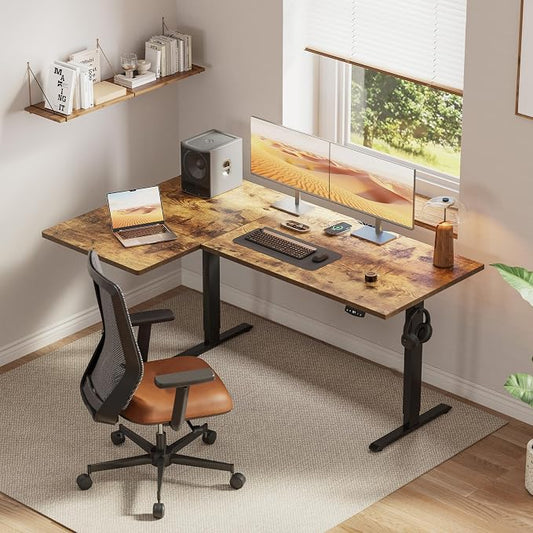 Klicelor L Shaped Standing Desk, 63 Inch Electric Height Adjustable Desk with Memory Preset, Reversible Sit Stand Up Computer Workstation for Home Office, Splice Board, Rustic Brown