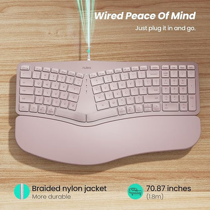 Nulea RT05C Wired Ergonomic Keyboard, Split Keyboard with Cushioned Wrist Rest, Adjustable Tilt Legs, Plug and Play, USB Corded, Compatible with Windows/Mac (Pink)