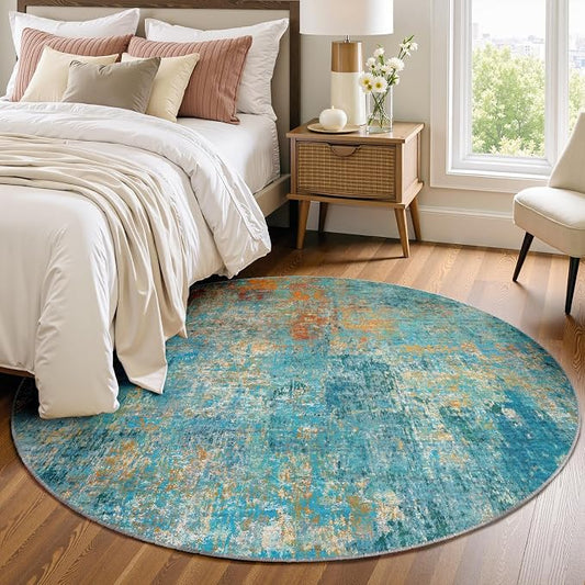 RELEANY Washable Area Rugs 6ft Non-Slip Modern Abstract Soft for Living Room Entryway Bedroom Kitchen, Print Pattern, Teal Blue Green Orange Rust Red Coloreful