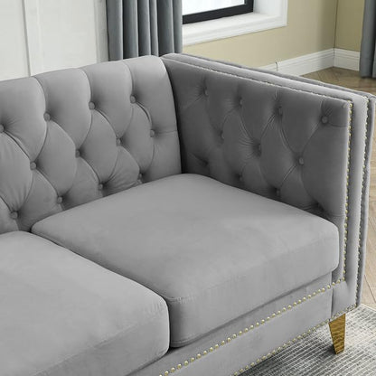 mikibama 2PC Velvet Sofa Couch Set for Living Room,Button Tufted 3 Seater Sofas Set of 2,Modern Upholstered 3-Seat Couches with Nailhead Trims,Golden Metal Legs for Bedroom