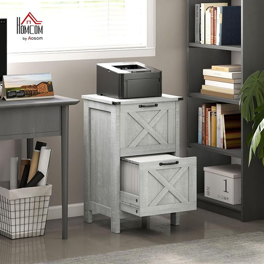 HOMCOM 2 Drawer Vertical File Cabinet with Silent Slides, Rustic Farmhouse Filing Cabinet with Barn Doors for A4/Letter Size, Printer Stand with Storage for Home Office, Distressed Light Gray