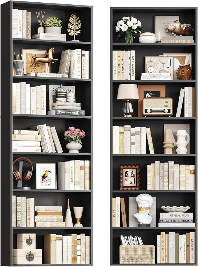 FACBOTALL 82" Tall Bookshelf Set of 2, 7-Tier Double Open Shelves Bookcase,Freestanding Display Storage Shelves, Tall Bookcase Home Decor Furniture for Home Office,Living Room,Bedroom, Black