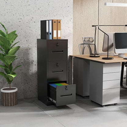 3 Drawer File Cabinet with 3 Locks, Metal Filing Cabinet Heavy Duty Vertical File Cabinets for Home Office, Steel File Storage Cabinets for Letter/Legal File Folders, Assembly Required (Black)