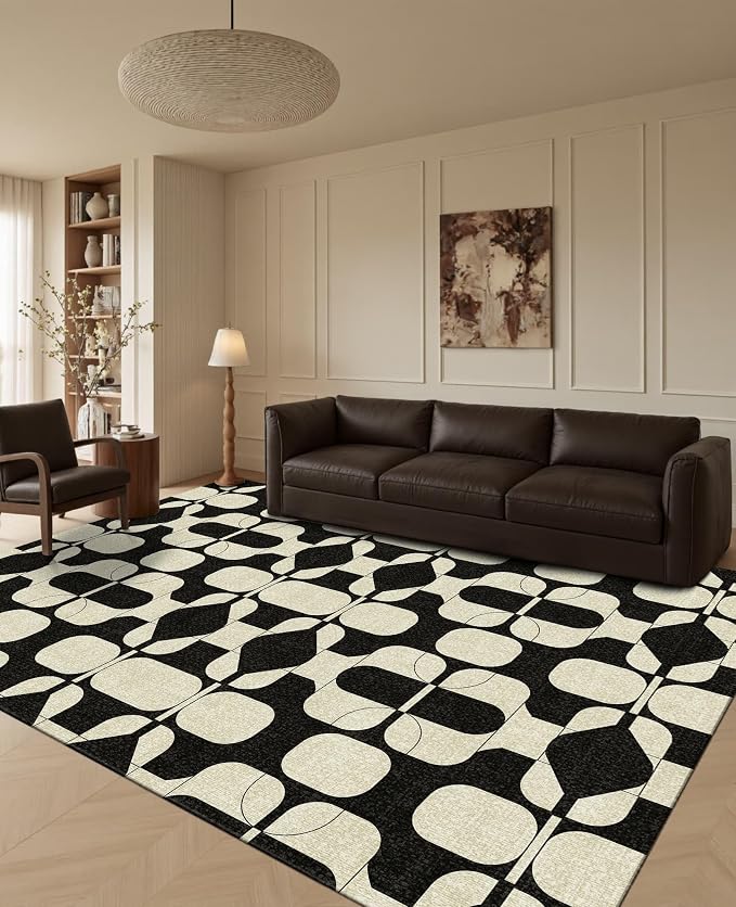 Latte&Fog 6x9 Area Rugs for Living Room Bedroom, Black Vintage Washable Rug, Boho Non Slip Low Pile Carpet for Indoor Dining Room, Dorm, Classroom,College Dorm,Farmhouse and Home Office - Black Beige