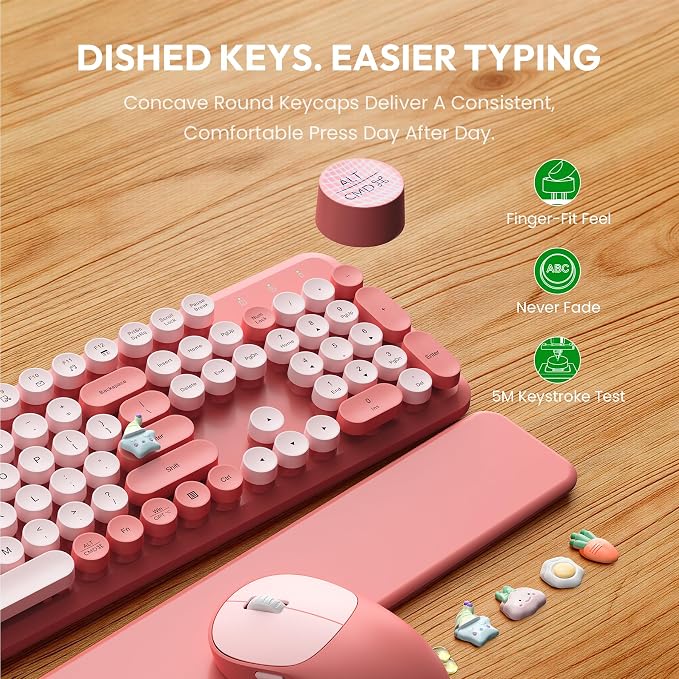 Wireless Keyboard and Mouse Combo, Typewriter Keyboard with Magnetic Wrist Rest, Full-Size Cute Round Keycaps, Sleep Mode, 2.4G Keyboards for Mac/Windows/PC, Office or Home, Trueque CK23Pro