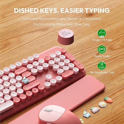 Wireless Keyboard and Mouse Combo, Typewriter Keyboard with Magnetic Wrist Rest, Full-Size Cute Round Keycaps, Sleep Mode, 2.4G Keyboards for Mac/Windows/PC, Office or Home, Trueque CK23Pro