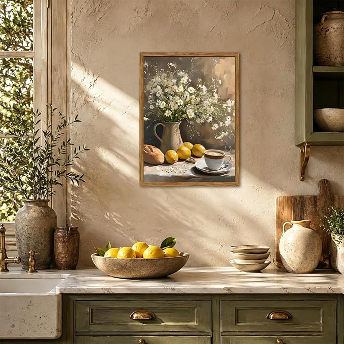 Framed Vintage Kitchen Wall Art, Rustic Floral Lemon Pictures Wall Decor, Cottagecore Coffee Bread Still Life Paintings Canvas Prints Farmhouse Home Decor for Dining Room Living Room 16x24 inch