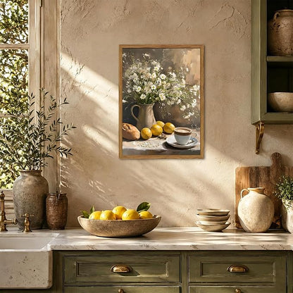 Framed Vintage Kitchen Wall Art, Rustic Floral Lemon Pictures Wall Decor, Cottagecore Coffee Bread Still Life Paintings Canvas Prints Farmhouse Home Decor for Dining Room Living Room 16x24 inch