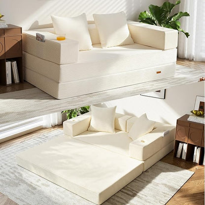 COMAX Futon Sofa Bed, 4‑in‑1 Convertible Sofa Bed, Folding Boneless Couches | Boneless Couch for living room, Fold Out Small Foldable Loveseat Floor Sleeper Mattress Lounge Space‑Saving, Beige