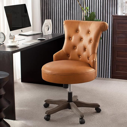 HUIMO Home Office Chair Upholstered Faux Leather PU Armless Desk Chair with Wheels Adjustable Height Computer Desk Chair with Wooden Legs Comfy Swivel Chair for Study Studio (Caramel Brown)