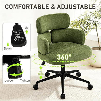 Home Office Chair with Unique Curved Back, Upholstered Wide Seat Desk Chair with Wheels,Swivel Tilt & Height Adjustable, Plush Velvet Fabric Matel Base for Office Study, Green