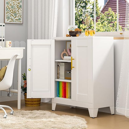 pozdeg 35.43" Metal Storage Cabinet with Lock, Metal File Cabinet with 2 Doors ＆ 2 Adjustable Shelves, Steel Locker Utility Tool Garage Cabinets for Home, Office, Warehouse (White)