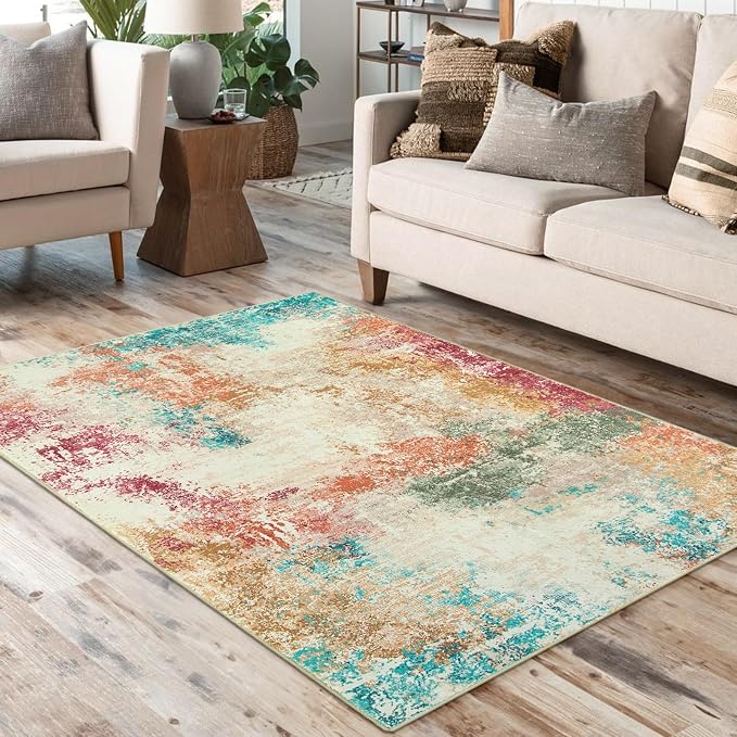 Lahome Abstract Kitchen Rugs Washable, 3x5 Ultra Thin Soft Small Area Rug for Living Room Non-Slip, Low-Pile Indoor Modern Colorful Bedroom Throw Carpet for Entryway Office Bathroom