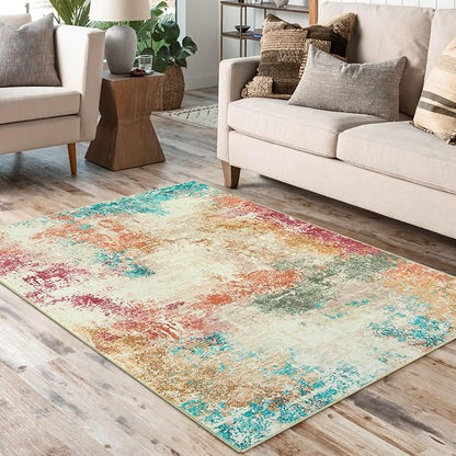 Lahome Abstract Kitchen Rugs Washable, 3x5 Ultra Thin Soft Small Area Rug for Living Room Non-Slip, Low-Pile Indoor Modern Colorful Bedroom Throw Carpet for Entryway Office Bathroom