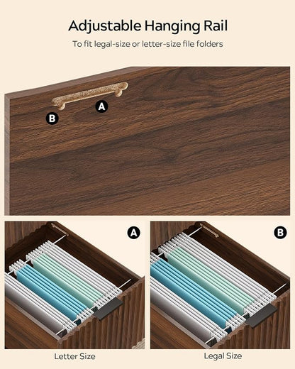 EYYTHUNG Brown Fluted Executive Desk with Storage Shelf & File Drawer, 55" Modern Wood Office Desk with Monitor Stand & Charging Station, Home Writing Computer Table for Work Study