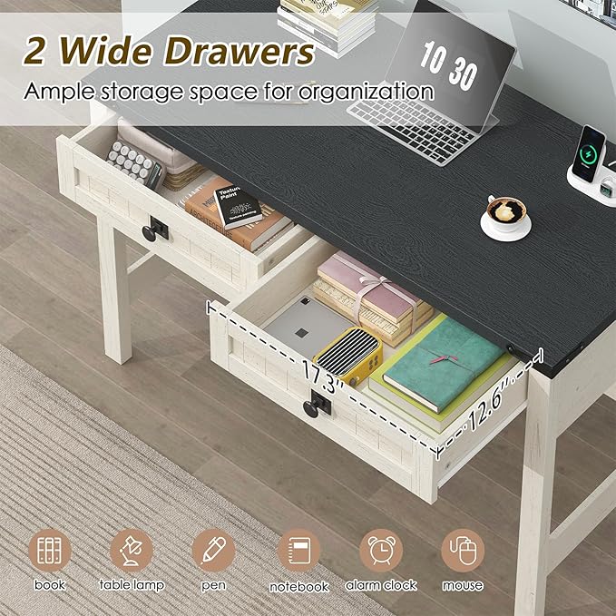 YOMILUVE Farmhouse Computer Desk with 2 Drawers, 39 Inch Small Office Computer Desk with Power Outlets, Compact Writing Study Vanity Desk for Small Spaces, Black and White
