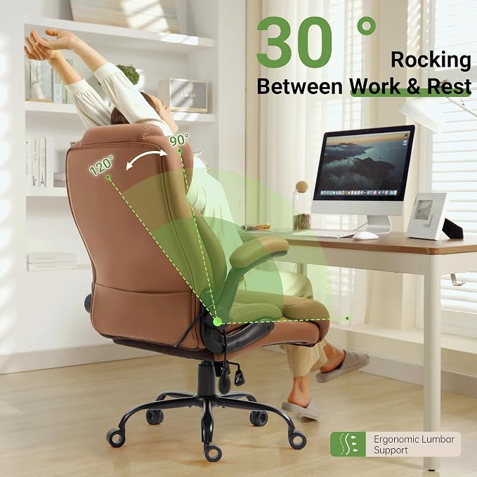 Office Chair, Big and Tall Executive Chairs with Lumbar Support for Back Pain, Breathable Desk Computer Chair with Adjustable Flip-up Armrests,Wide Cushion Swivel Home Office Chair Black,Brown PU