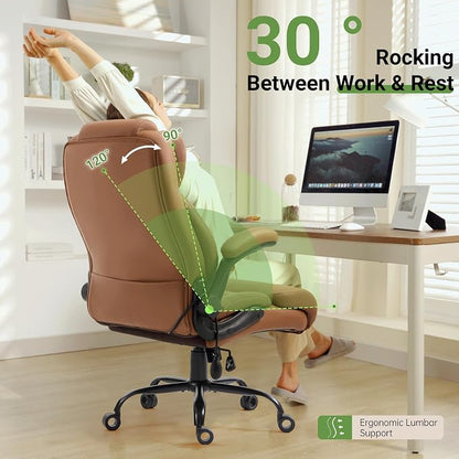 Office Chair, Big and Tall Executive Chairs with Lumbar Support for Back Pain, Breathable Desk Computer Chair with Adjustable Flip-up Armrests,Wide Cushion Swivel Home Office Chair Black,Brown PU