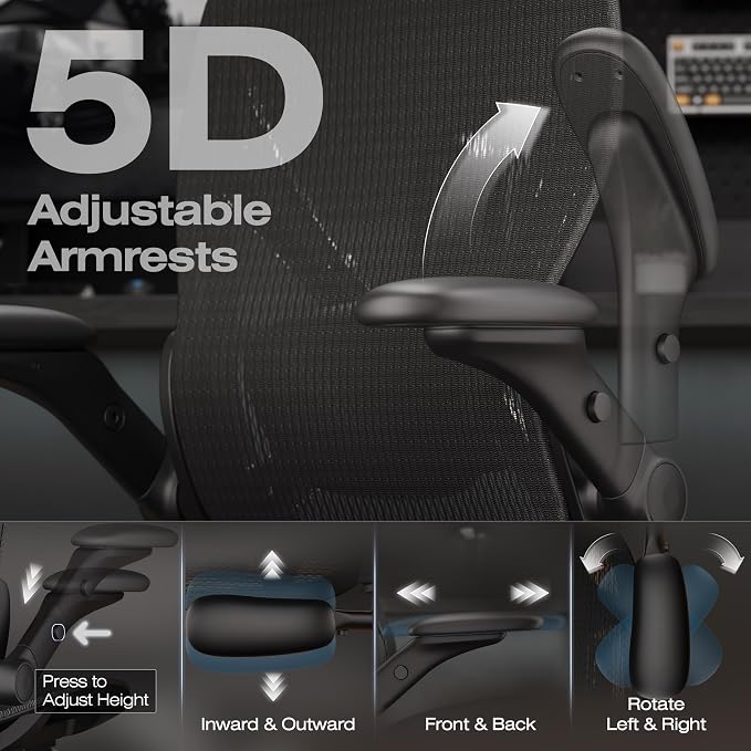 ELABEST X100 Ergonomic Mesh Office Chair with Footrest, Big and Tall Home Desk Chair with 5D Flip-Up Arms, Adjustable 3D Lumbar Support, Gaming & Executive Computer Chair, Night Reaper