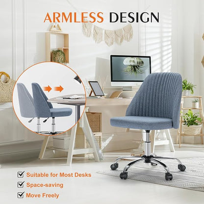 Sweetcrispy Armless Vanity Chair, Cute Comfy Home Office Desk Chair with Wheels, Modern Upholstered Task Computer Seat for Bedroom, Study, Makeup Vanity, Height Adjustable & Swivel, Blue