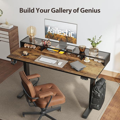 Agilestic 48 x 24 Inches Electric Standing Desk with Storage, Adjustable Height Sit and Stand Computer Table with Glass Shelf, Splice Board, Rustic Brown