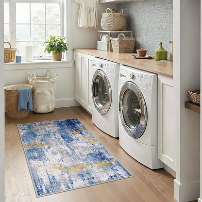 RELEANY Washable Area Rugs 3x4 Non-Slip Modern Abstract Soft for Living Room Entryway Bedroom Kitchen, Print Pattern, Grey Blue Gold/Golden