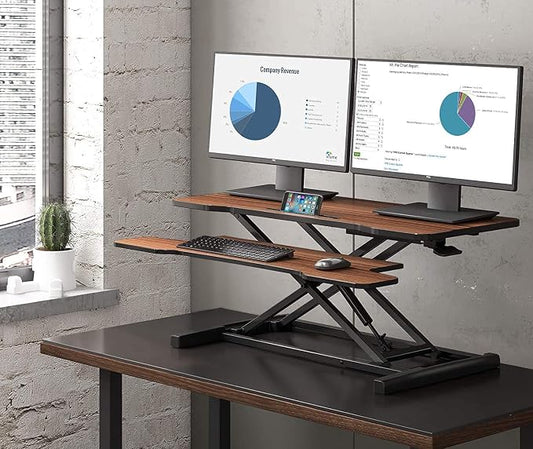 FITUEYES Height Adjustable Standing Desk 36” Wide Sit to Stand Converter Stand Up Desk Tabletop Workstation for Laptops Dual Monitor Riser Brown SD309102WE