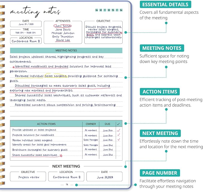 Meeting Notebook for Work Organization - Work notebook with action items, Meeting Minutes Planner Notebook, Perfect Office Supplies for Men & Women - Lavender