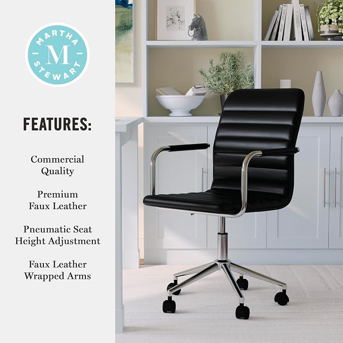 Martha Stewart Taytum Swivel Task Chair with Armrests for Home Office in Black Faux Leather with Polished Nickel Frame