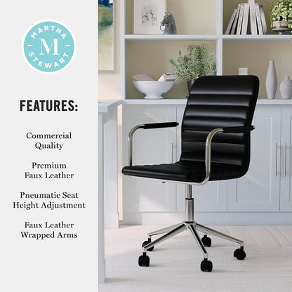 Martha Stewart Taytum Swivel Task Chair with Armrests for Home Office in Black Faux Leather with Polished Nickel Frame