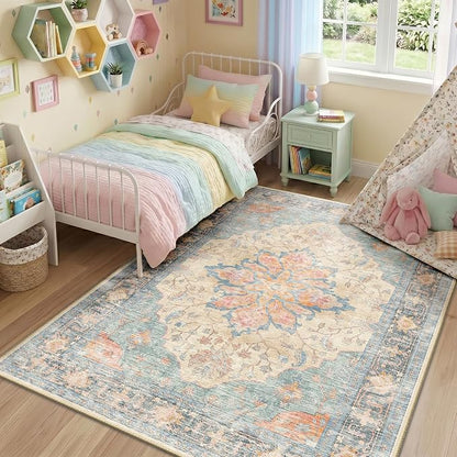 RELEANY Area Rugs 5'x7' Washable Non-Slip, Floral Vintage Distress Medallion Carpet for Living Room Bedroom Dining Room, Blue Orange Red