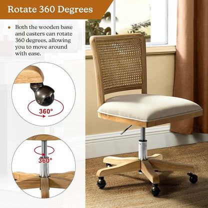 Modern Home Office Chair Comfortable Upholstered Armless Desk Chair, Adjustable Swivel Rolling Computer Chair with Rattan Mid-Back Support, Beige