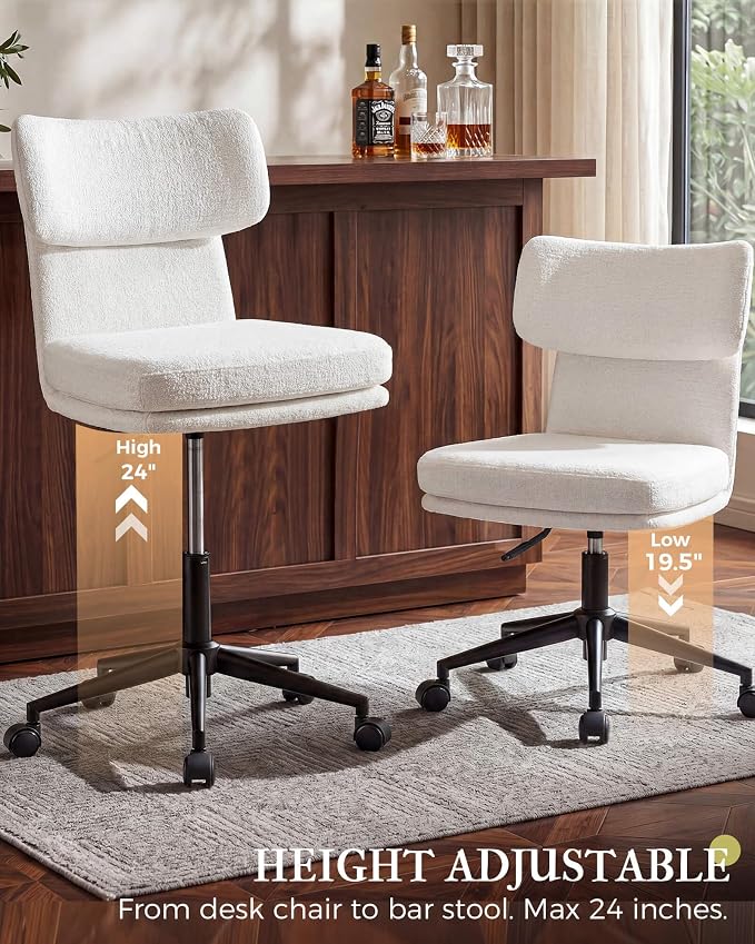 COMHOMA Home Office Desk Chairs with Ergonomic Curved Backrest, Mid Century Modern Vanity Chair with Wheel for Bedroom, Chenille Upholstered, White