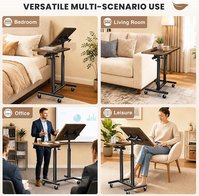 Elowen Double-Pole Portable Rolling Laptop Standing Desk with Wheels, Large-Size Tilting Overbed Bedside Table, Mobile Adjustable Height Computer Workstation for Office Home Use