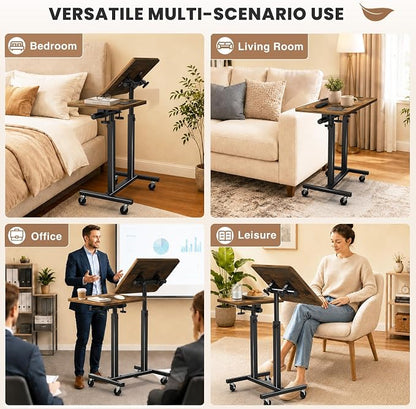 Elowen Double-Pole Portable Rolling Laptop Standing Desk with Wheels, Large-Size Tilting Overbed Bedside Table, Mobile Adjustable Height Computer Workstation for Office Home Use